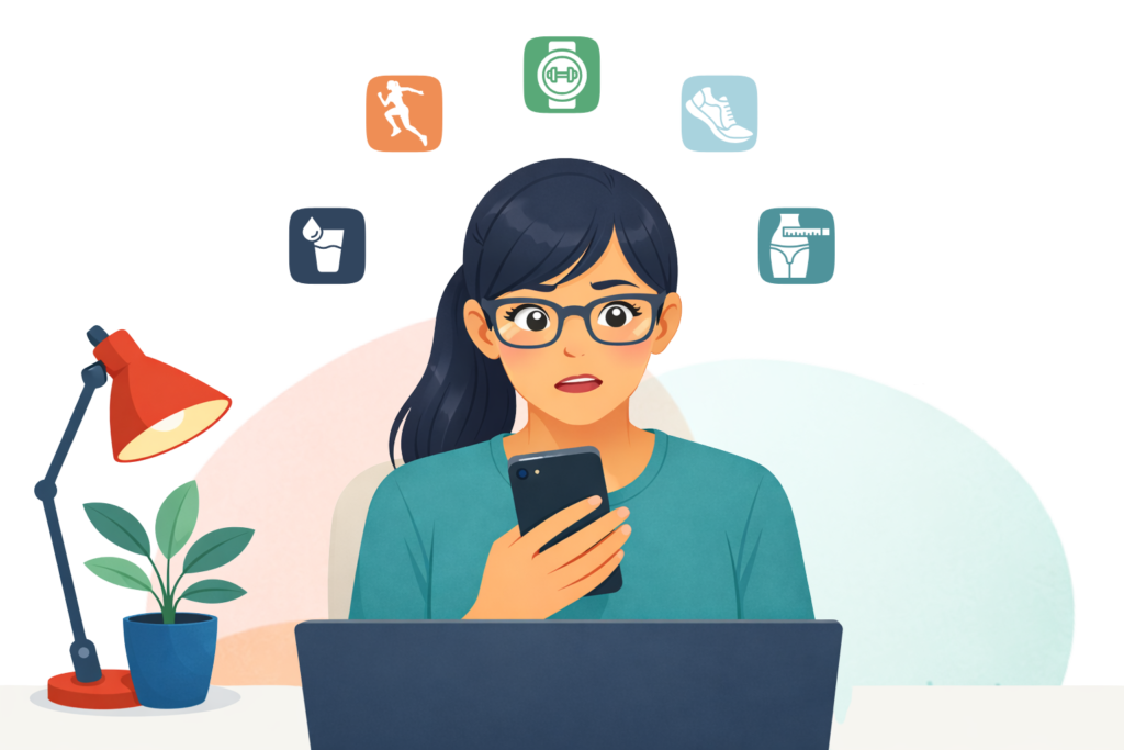 Femme frustrée par plusieurs applications fitness, cherchant une solution simple avec des planners PDF