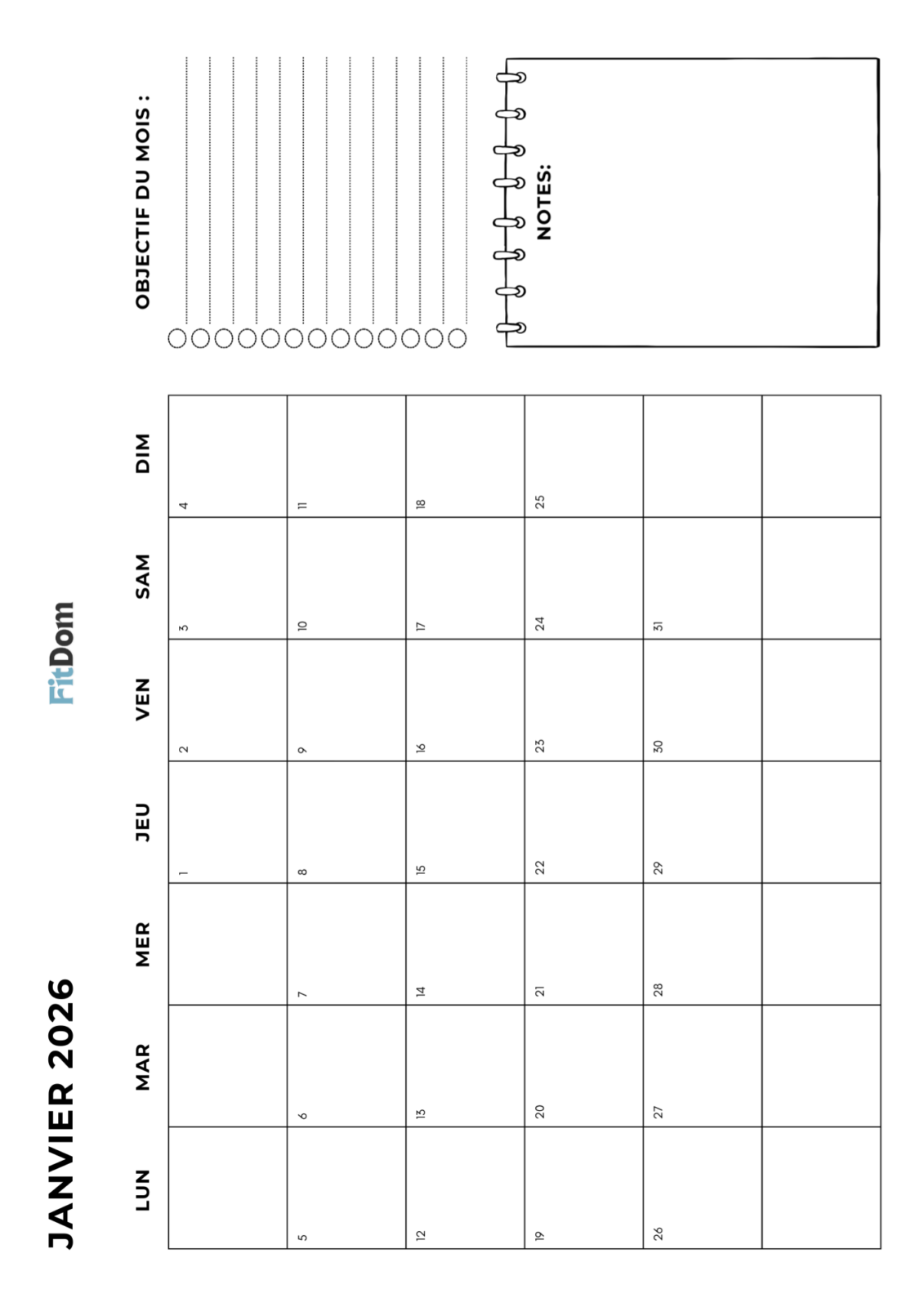 Calendrier mensuel de sport à imprimer avec objectifs et notes – planning fitness FitDom