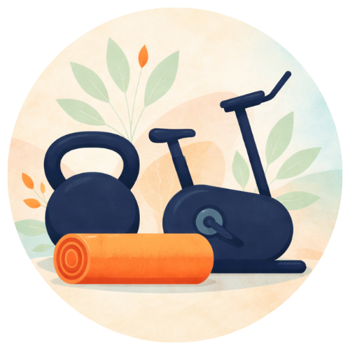 Illustration d’équipements de fitness à domicile, incluant kettlebell, tapis de sport et vélo d’appartement.