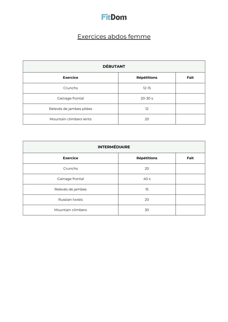 Exercices abdos femme avec répétitions pour débutant et intermédiaire – FitDom