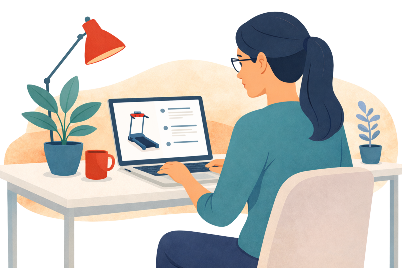 Femme consultant un tapis de course sur son ordinateur portable, en train de rechercher et comparer des équipements fitness dans un intérieur minimaliste.