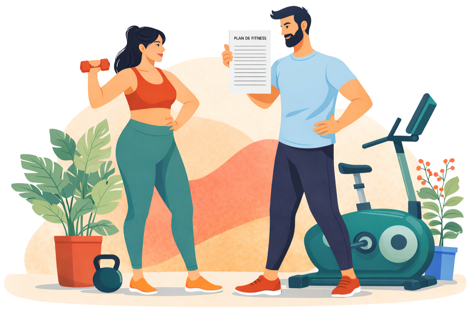 Femme et homme en tenue de sport discutant d’un programme d’entraînement à domicile avec du matériel de fitness autour d’eux.