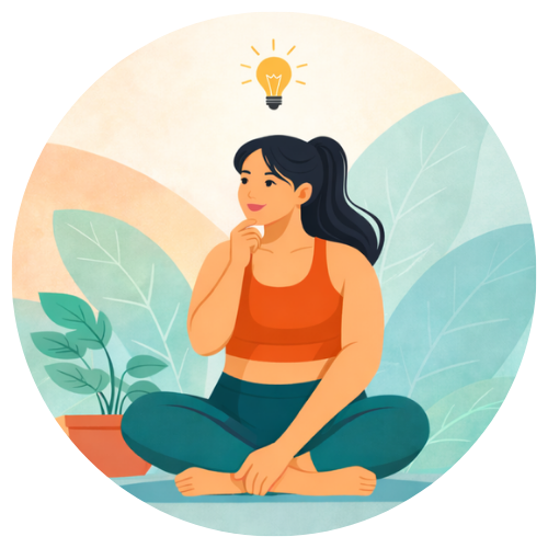 Illustration d’une femme assise en tenue de sport avec une ampoule au-dessus de la tête, symbolisant des idées d’entraînements.