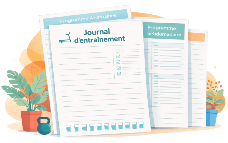 Illustration montrant différents types de PDF fitness et programmes d’entraînement proposés sur FitDom