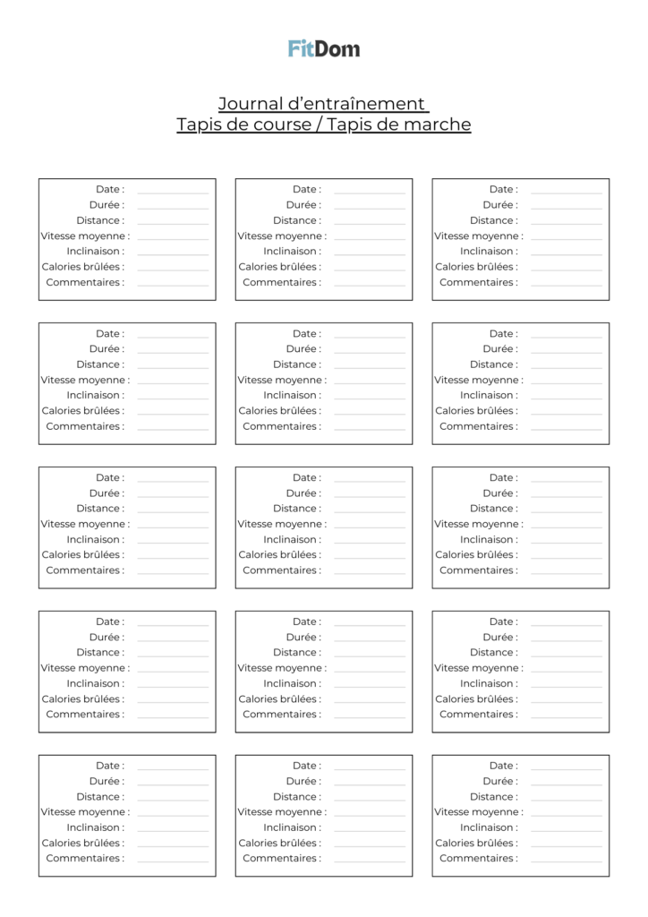 Journal d’entraînement tapis de course et tapis de marche avec distance, durée et calories – FitDom