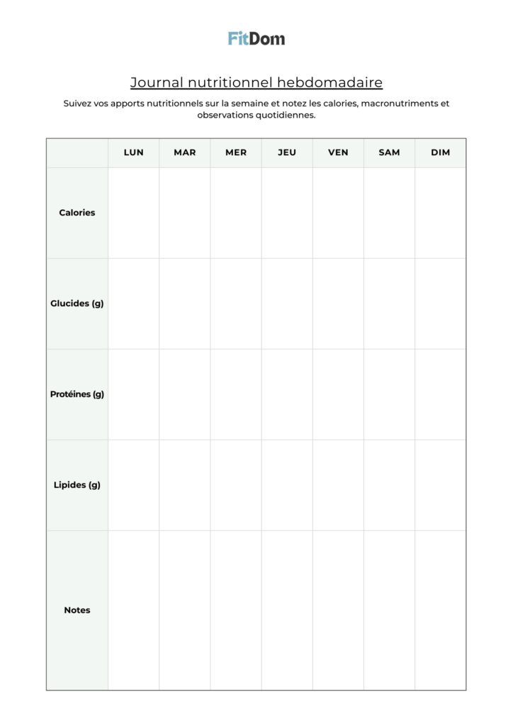 Journal nutritionnel hebdomadaire à remplir avec calories et macronutriments – FitDom