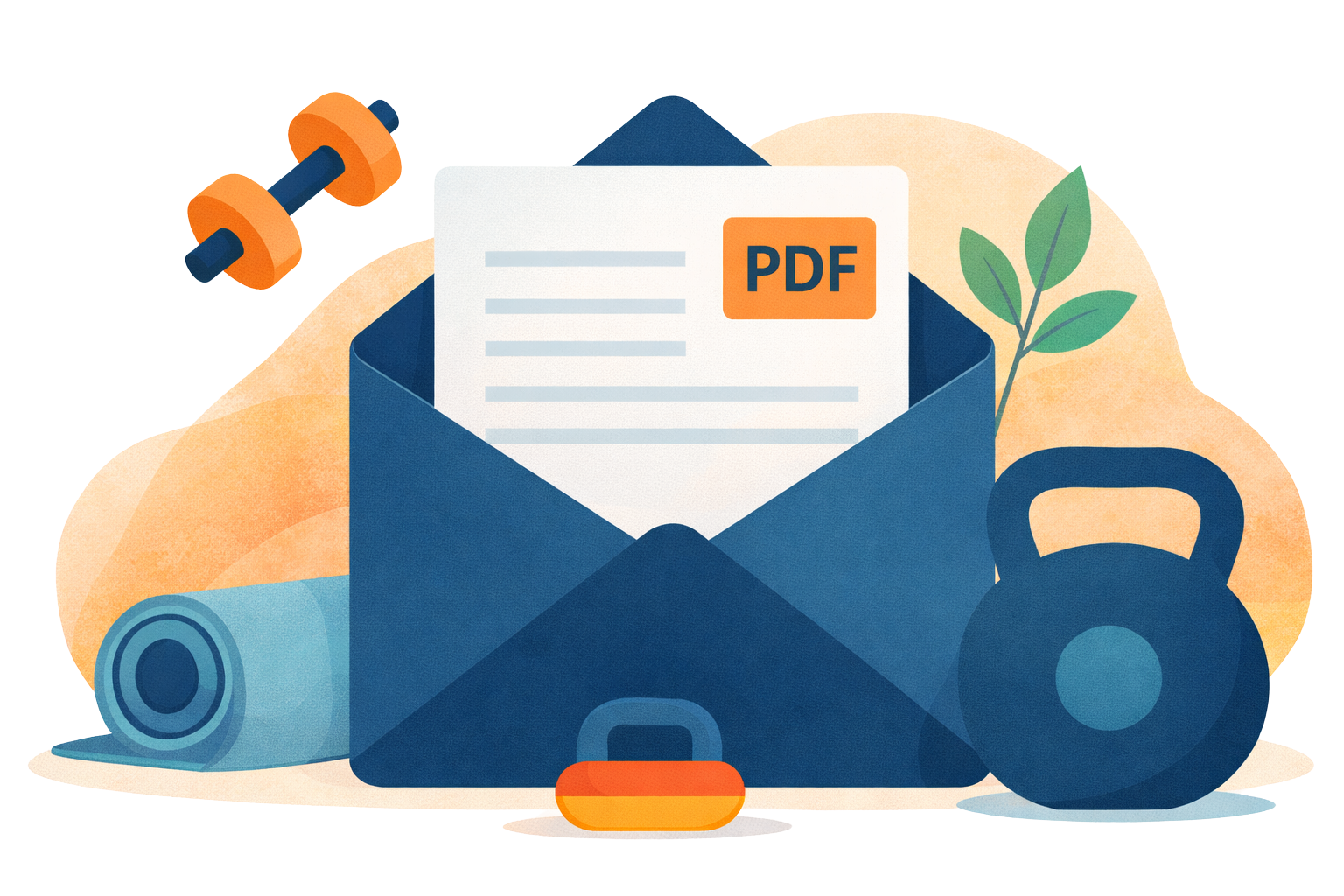 Illustration d’une enveloppe contenant un PDF de fitness, avec des haltères, un tapis de yoga et un kettlebell – image du formulaire d’inscription FitDom.