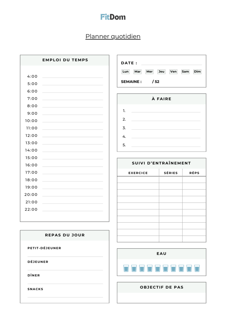 Planner quotidien fitness FitDom - organiser son sport et sa journée
