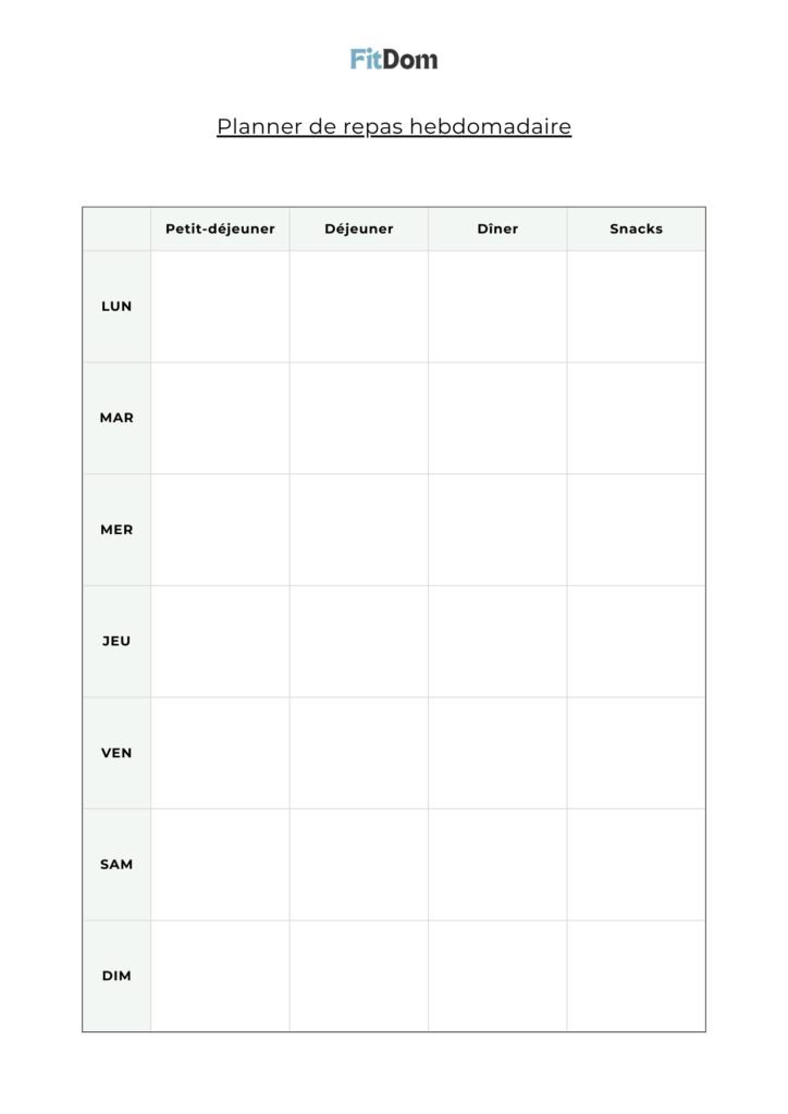 Planner de repas hebdomadaire à remplir avec petit-déjeuner, déjeuner, dîner et snacks – FitDom
