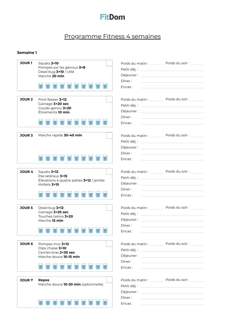 Programme fitness sur 4 semaines avec exercices, suivi du poids et hydratation – FitDom