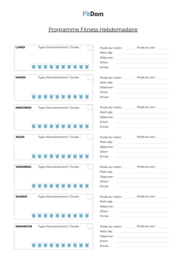 Programme fitness hebdomadaire à remplir avec entraînements et suivi quotidien – FitDom