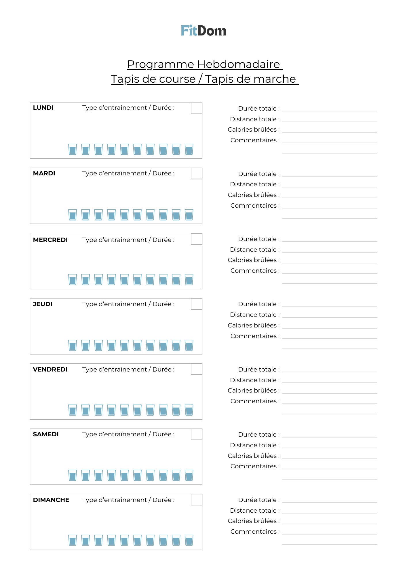 Programme tapis de course hebdomadaire FitDom - suivi des séances sur tapis