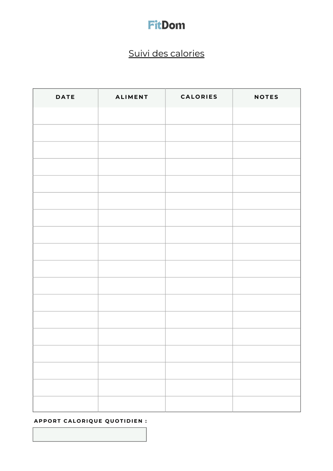 Tableau de suivi des calories quotidien avec aliments, apports et notes – FitDom