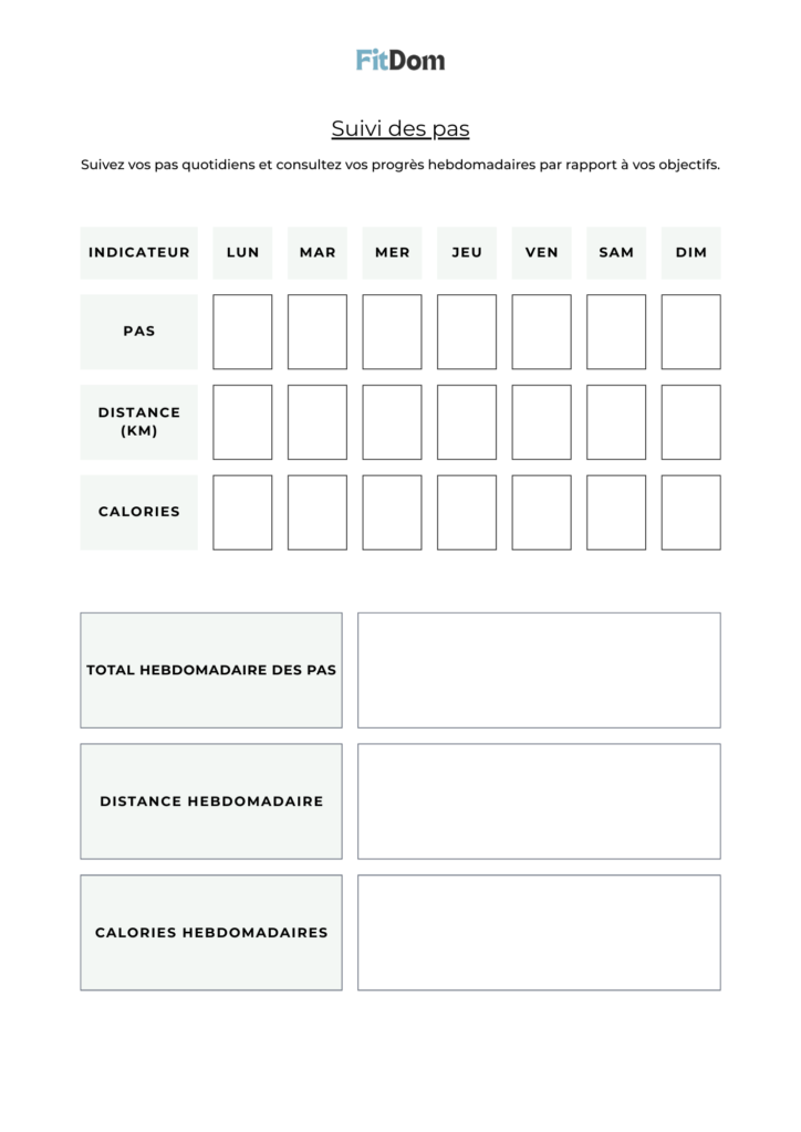 Suivi des pas hebdomadaire avec pas quotidiens, distance et calories – FitDom