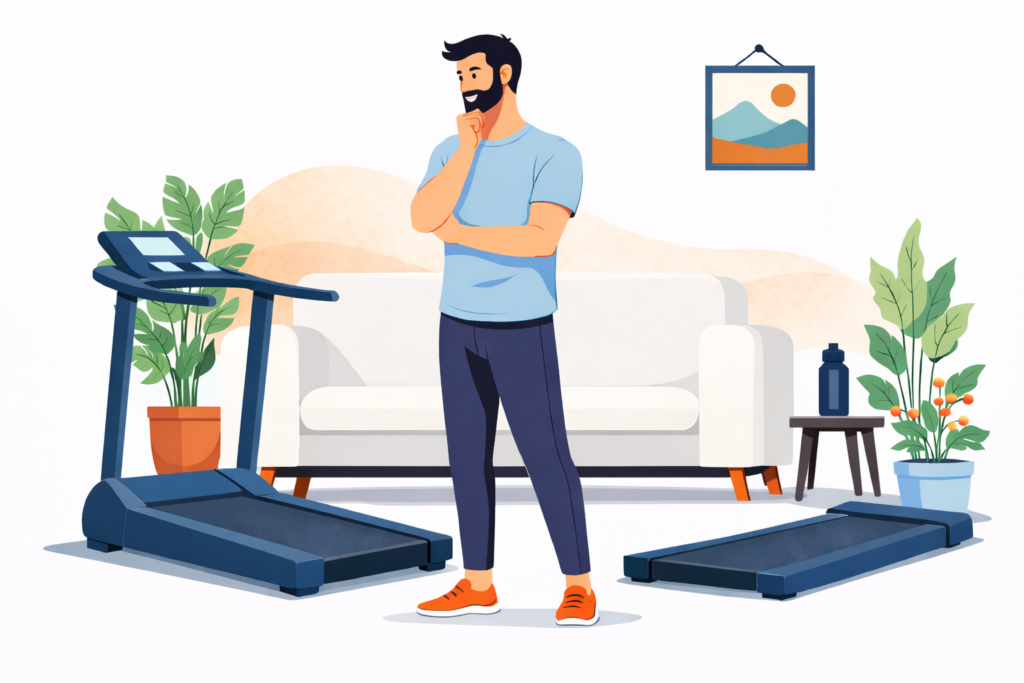 Homme comparant un tapis de marche et un tapis de course pour un usage à la maison