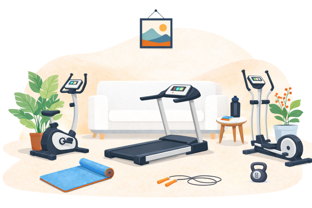 Équipements et accessoires fitness à la maison avec tapis de course, vélo d’appartement et elliptique