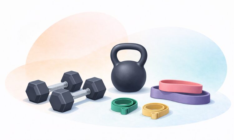 Illustration d’haltères, d’un kettlebell et de bandes élastiques pour le renforcement musculaire à la maison