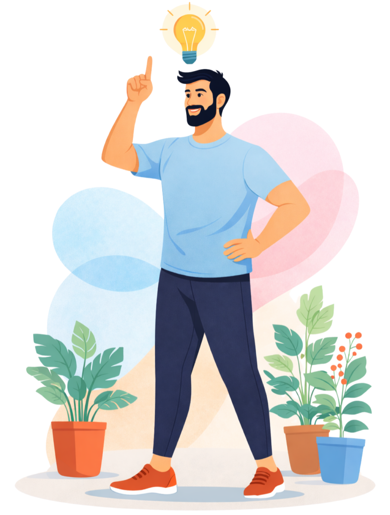 Illustration d’un homme ayant une idée pour proposer un PDF fitness gratuit sur FitDom