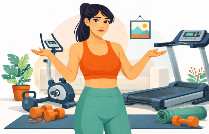 Femme hésitante dans un petit espace avec plusieurs appareils de fitness à domicile