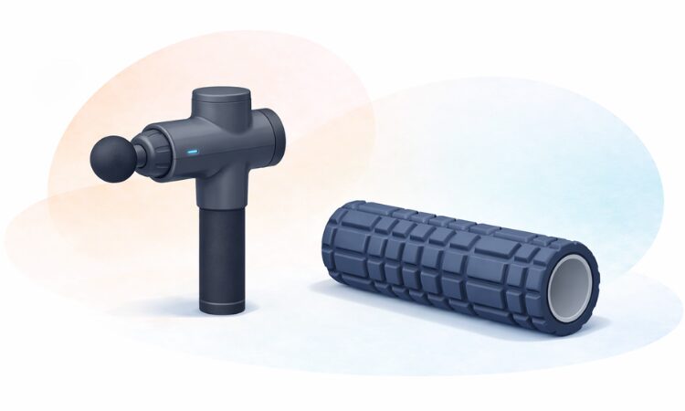 Illustration d’un pistolet de massage et d’un rouleau en mousse pour la récupération musculaire à domicile