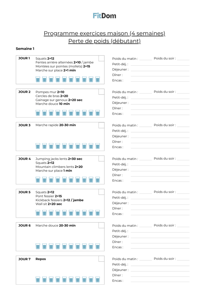 Programme exercices maison débutant sur 4 semaines pour la perte de poids, sans matériel – FitDom