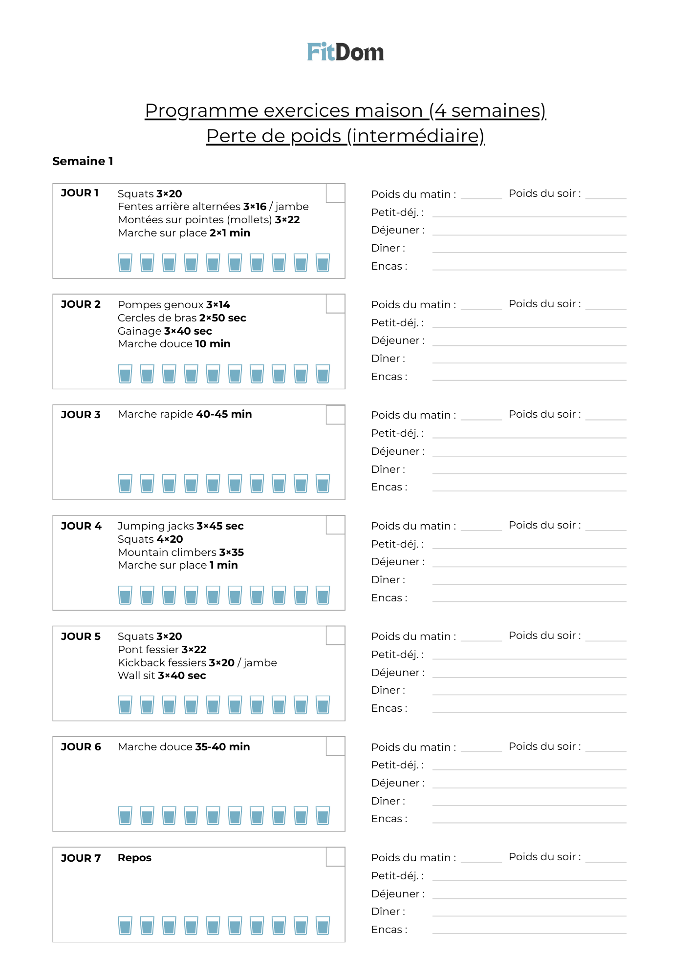 Programme exercices maison intermédiaire sur 4 semaines pour la perte de poids, sans matériel – FitDom