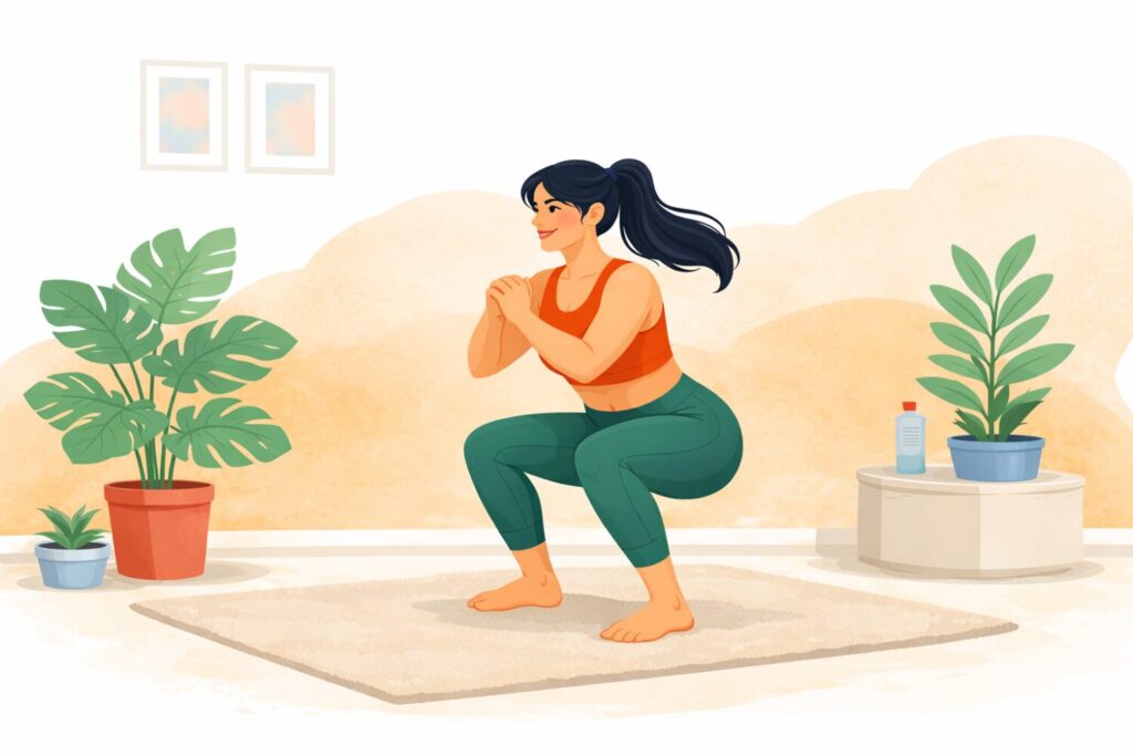 Exercice maison sans matériel illustré, femme réalisant un squat à domicile