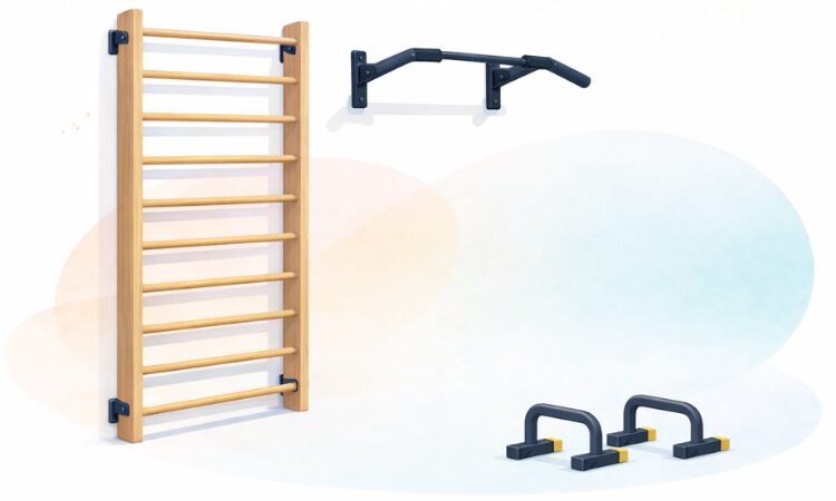 Illustration d’une échelle suédoise, d’une barre de traction murale et de poignées pour les exercices au poids du corps à domicile