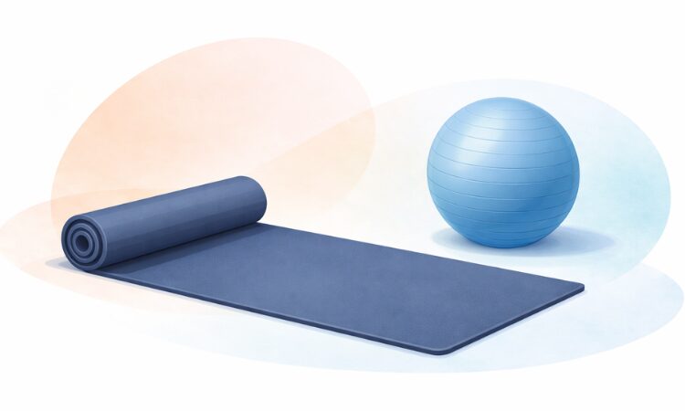 Illustration d’un tapis de yoga avec un ballon de fitness pour les exercices au sol à domicile