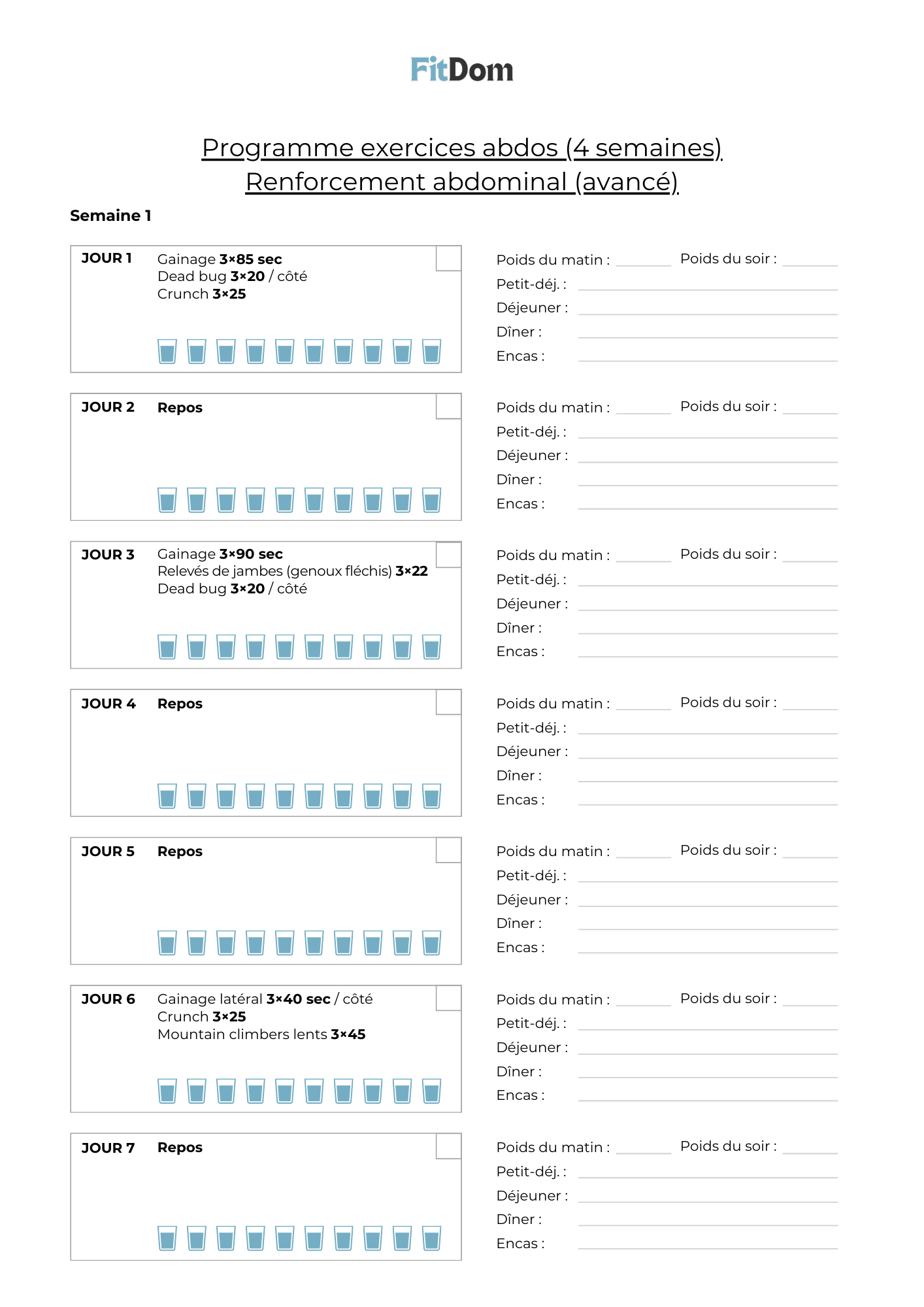 Aperçu du programme exercices abdos avancé sur 4 semaines