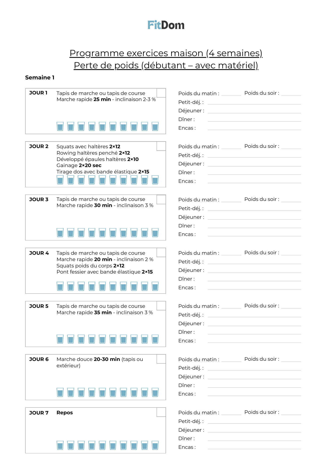 Programme exercices maison débutant sur 4 semaines pour la perte de poids, avec tapis de marche, haltères et bande élastique – FitDom