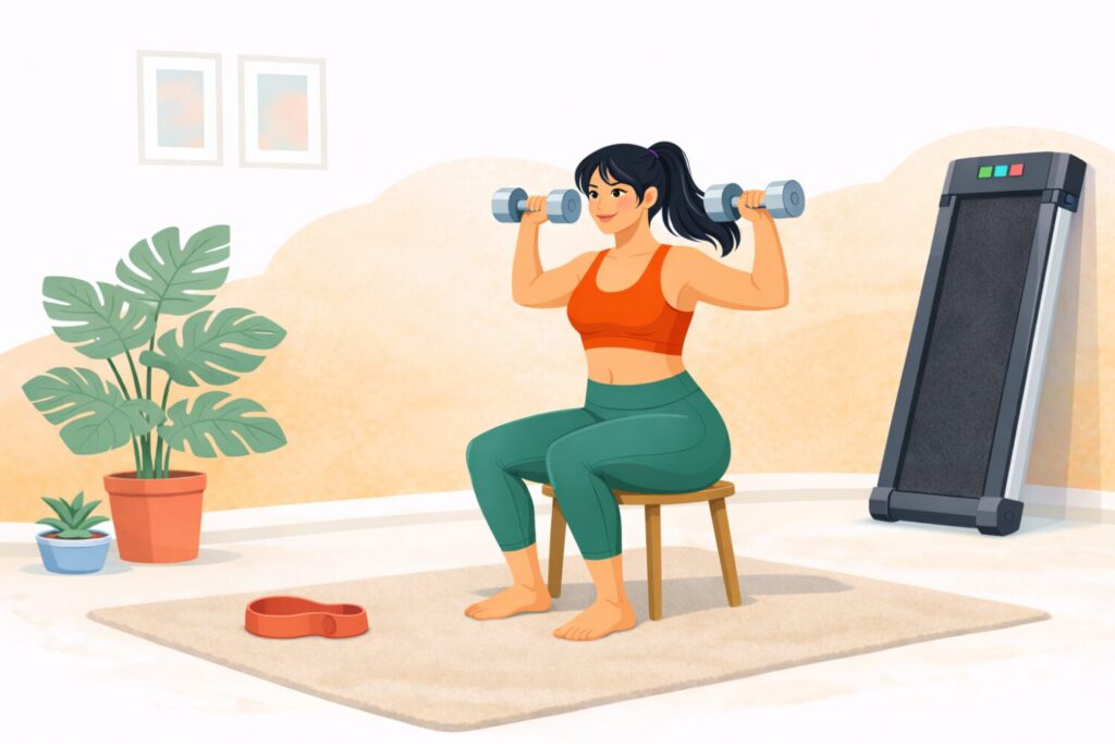 Exercices maison avec matériel illustrés, femme utilisant des haltères et un élastique à domicile