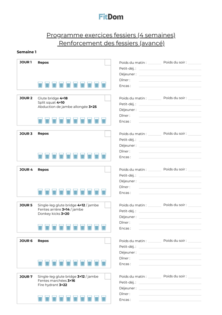 Aperçu du programme exercices fessiers avancé sur 4 semaines