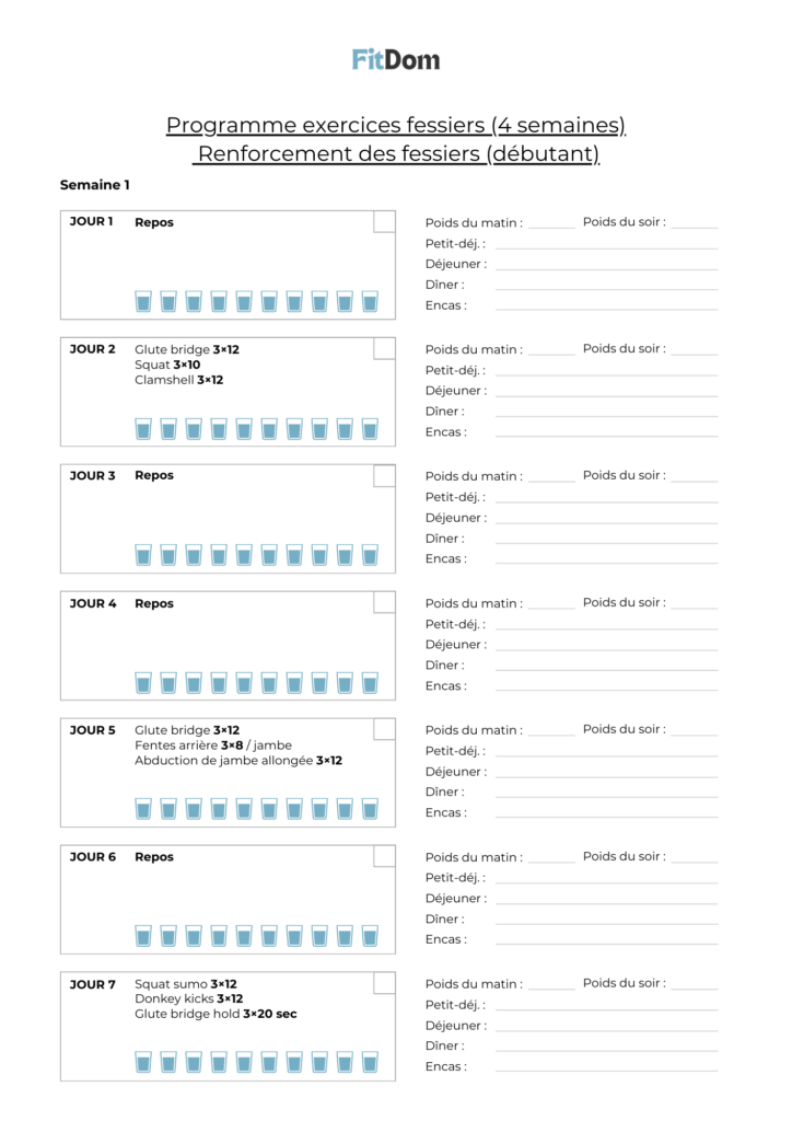 Aperçu du programme exercices fessiers débutant sur 4 semaines