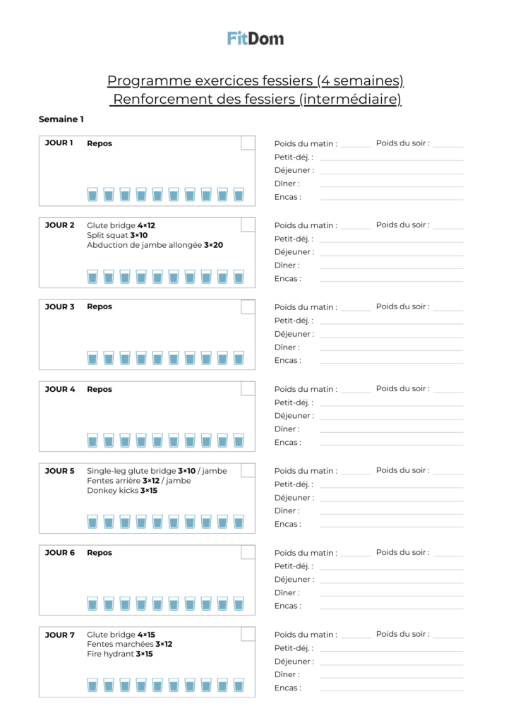 Aperçu du programme exercices fessiers intermédiaire sur 4 semaines